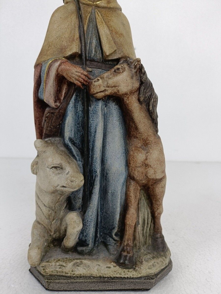 Saint Or Shepherd With Cow And Horse Statue Polychrome Stoneware photo vinterior