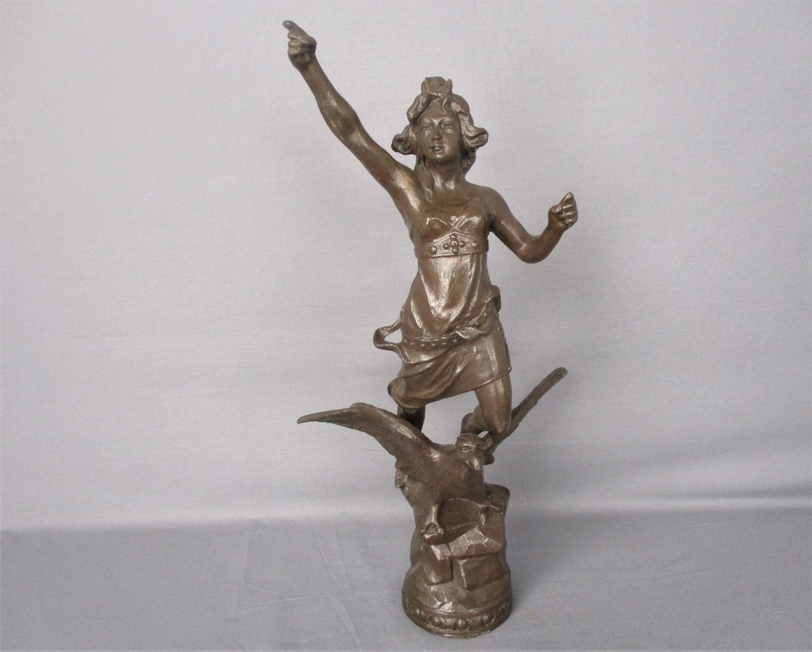 Sculpture Statue Spelter Woman Flying On Eagle Warrior Art Deco Figurine 21.25&Q