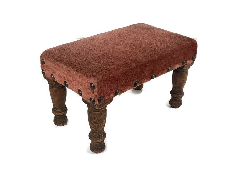 Vintage Low Footstool Ottoman French Pink Fabric Louis XV Style Hobnails Foot Re
