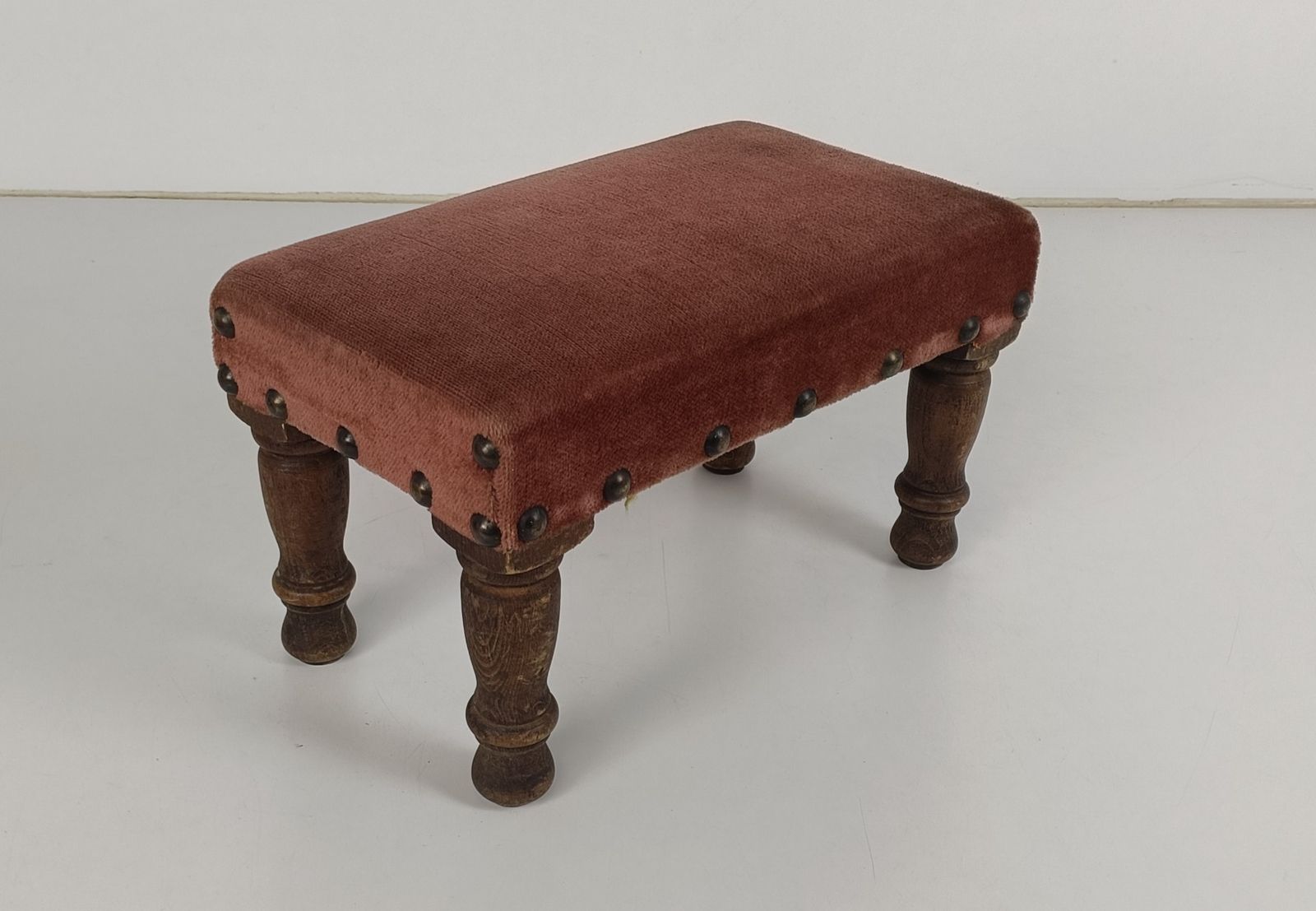 Vintage Low Footstool Ottoman French Pink Fabric Louis XV Style Hobnails Foot Re photo furniture