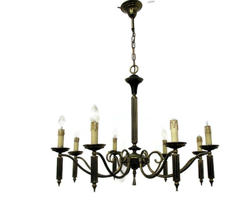 8 Arm Lights Pan Chandelier Revival French Empire Style Brass Ornate Antique