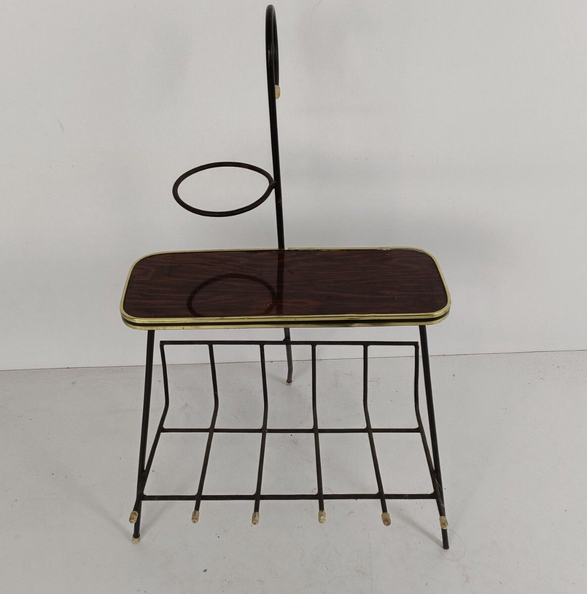Funky Vintage Modernist Newspaper Basket Side Table Plant Stand Wrought Iron Ven photo furniture