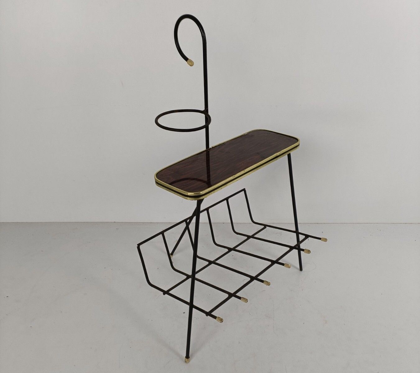 Funky Vintage Modernist Newspaper Basket Side Table Plant Stand Wrought Iron Ven photo for sale