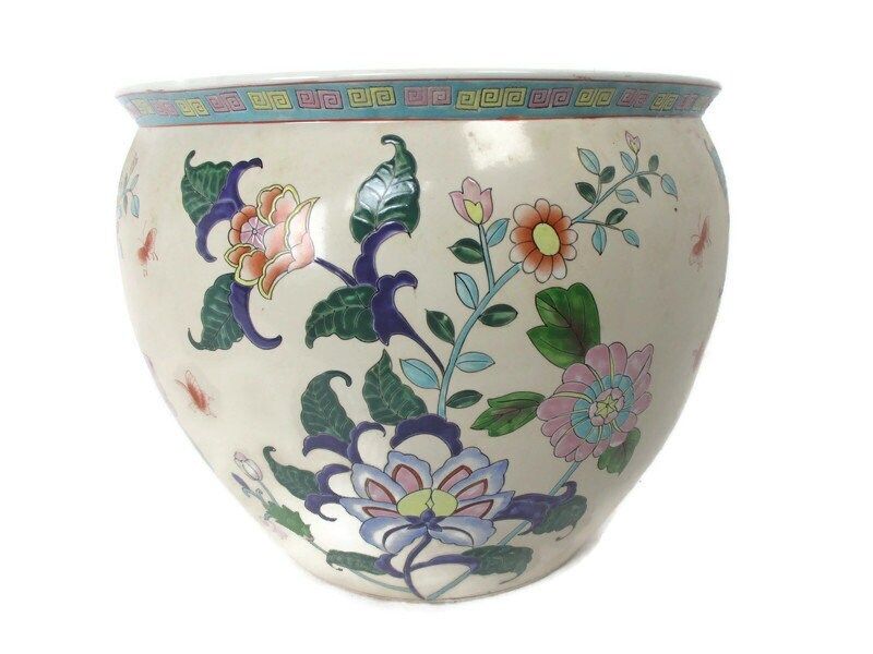 Xl Vintage Chinese Porcelain Koi Fish Bowl Planter Vase Cachepot Flowers  Stunni