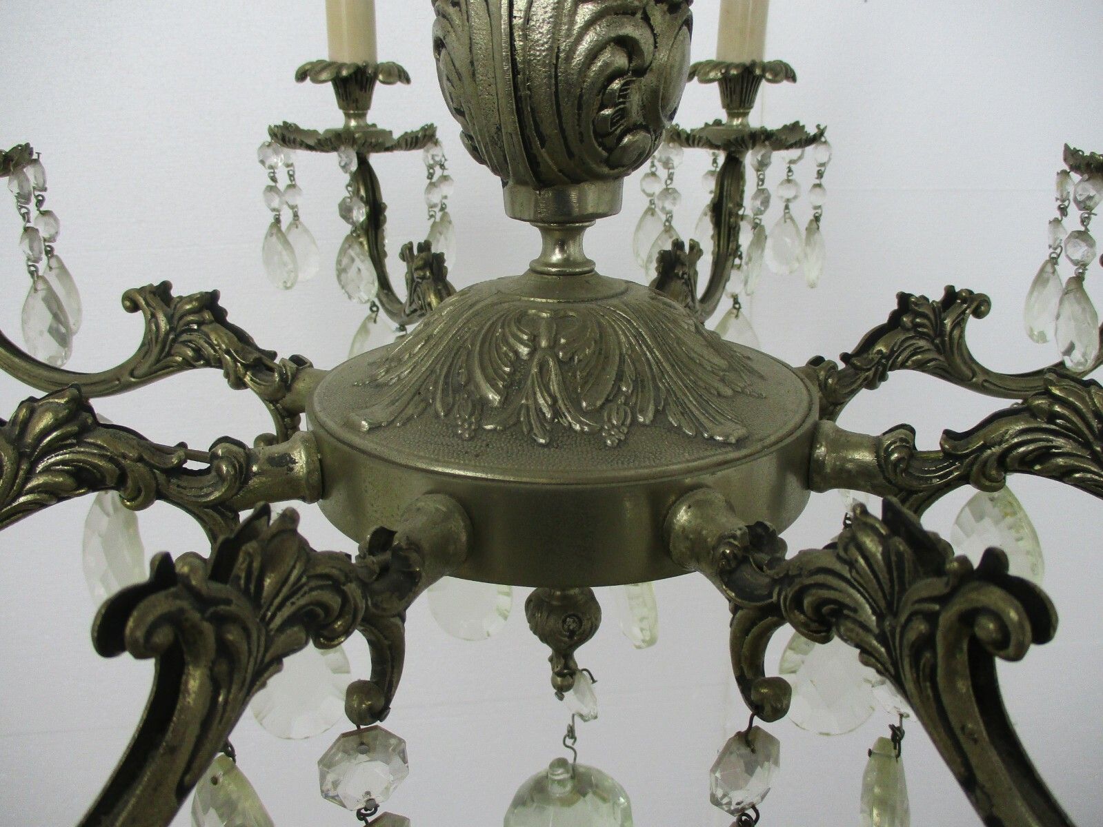 Vintage Chandelier 8 Lights Arms Art Glass Prisms Spelter Hollywood Regency photo vintage