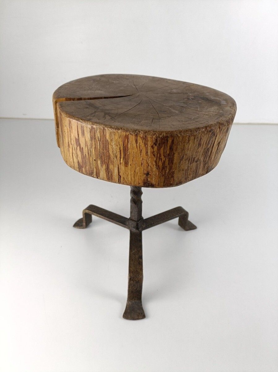 Milking Stool Thick Wood Wrought Iron Steampunk Funky Pedestal Plant Stand Franc photo for sale