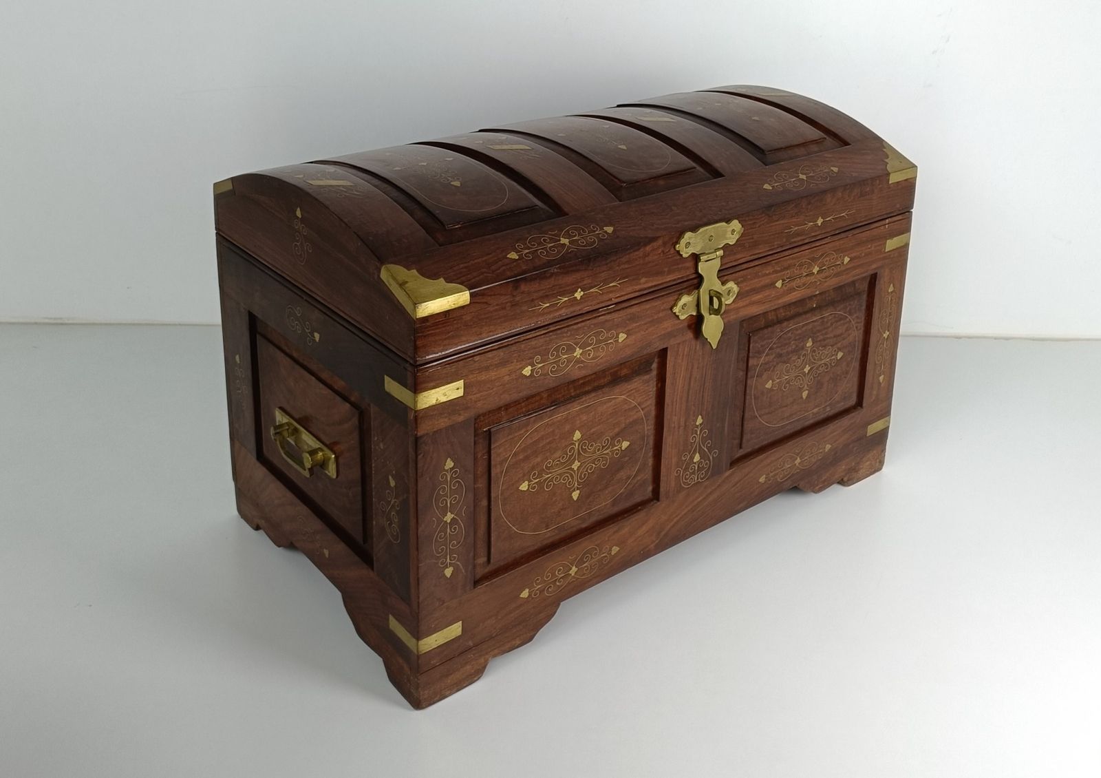 Antique Wedding Chest Trunk  Ornate Hand Carved Wood Inlay  Brass Handles Tray W photo furniture