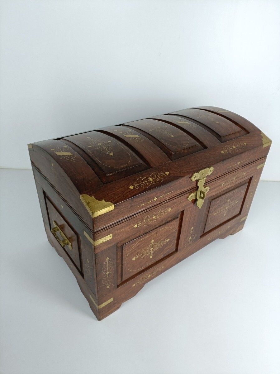 Antique Wedding Chest Trunk  Ornate Hand Carved Wood Inlay  Brass Handles Tray W photo for sale