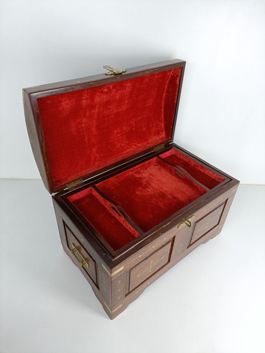 Antique Wedding Chest Trunk  Ornate Hand Carved Wood Inlay  Brass Handles Tray W photo vintage