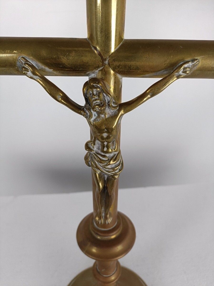 Large Ornate Brass Modernist Standing Crucifix Cross Corpus Christi Gorgeous photo Home Decor