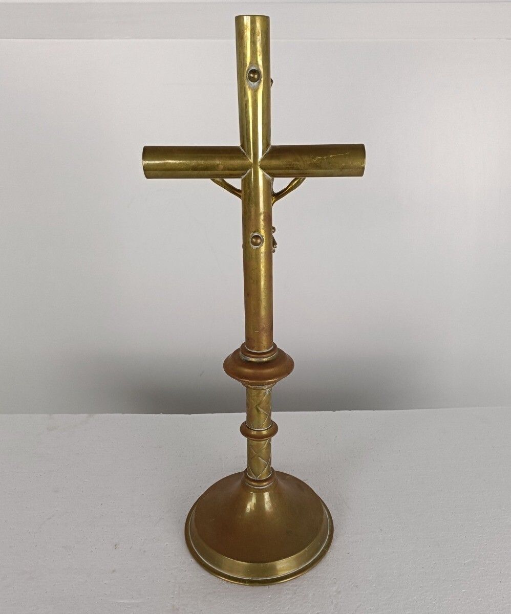 Large Ornate Brass Modernist Standing Crucifix Cross Corpus Christi Gorgeous photo buy