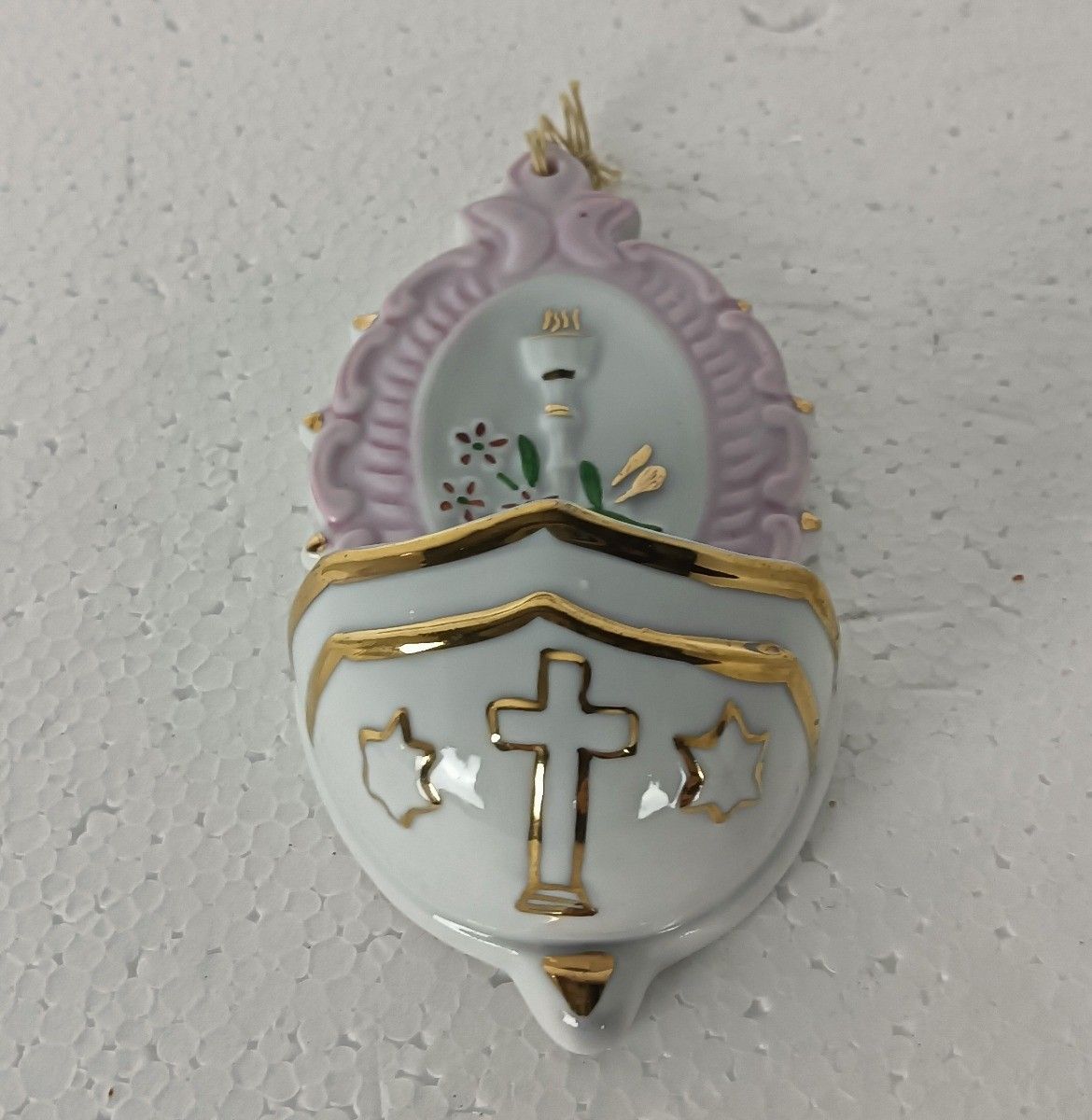 Sweet Little Antique Porcelain Holy Water Font Vessel Communion Wall Hanging photo for sale