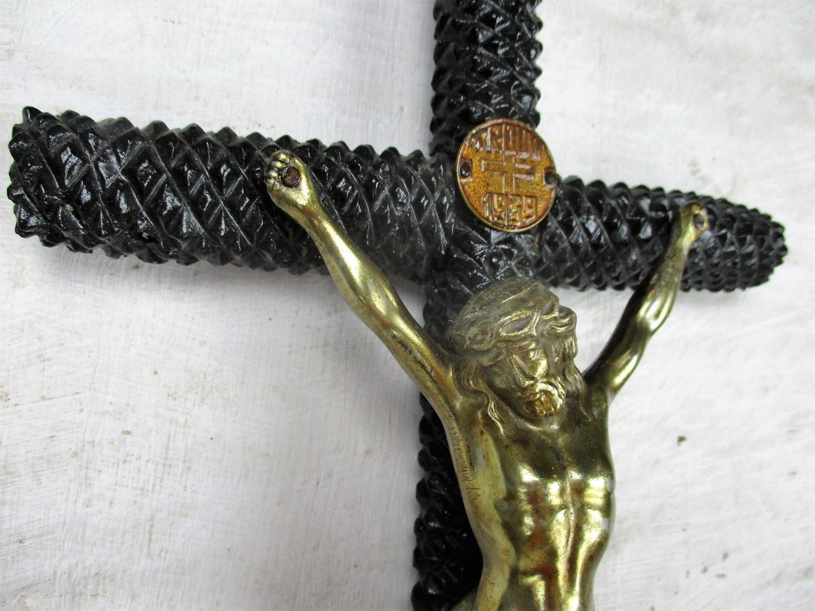 Tramp Trench Tramp Folk Art Hanging Hand Carved Wooden Crucifix Spelter 1939 photo for sale