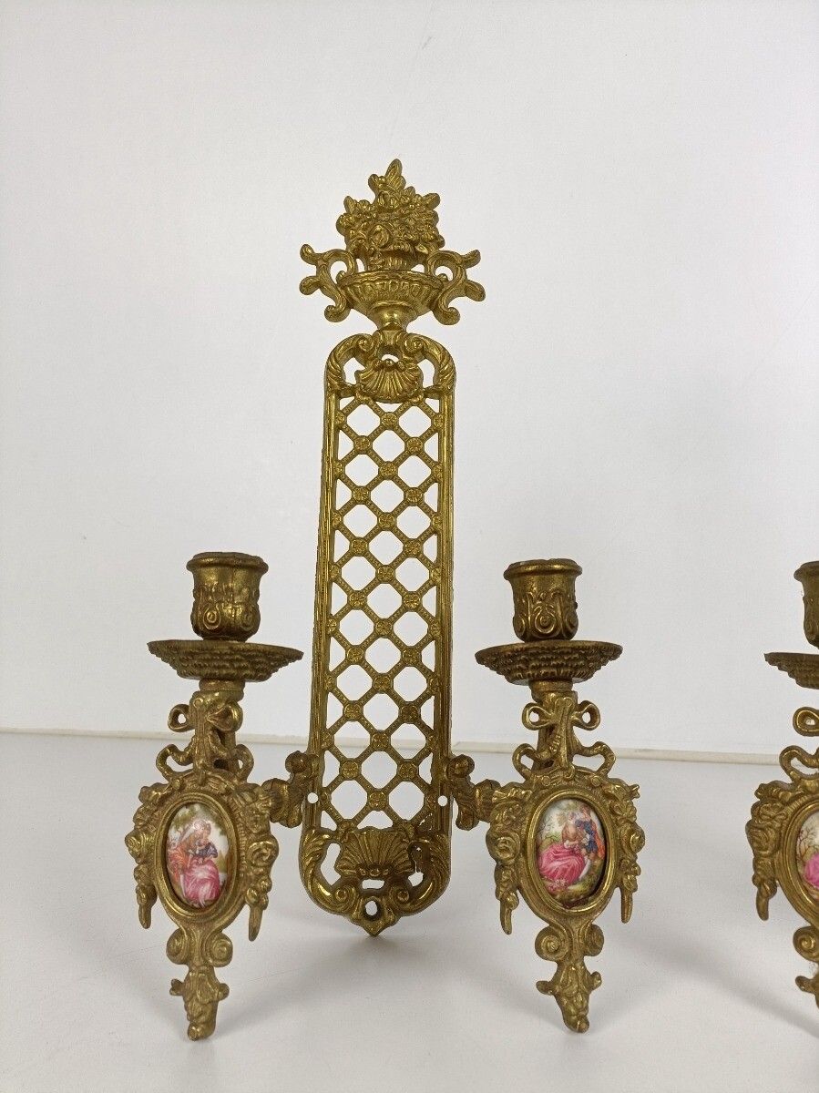 Pair French Brass Wall Sconces Candelabras Victorian Era Limoges Sevres Ornate photo for sale
