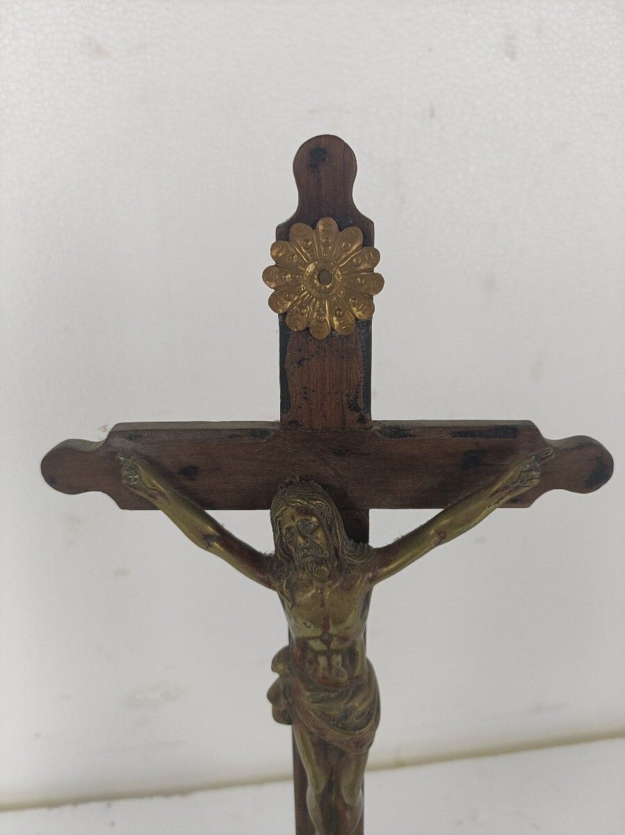 Standing Crucifix Cross Hand Carved Wood Brass Corpus French Magnificent  Antiq photo furniture