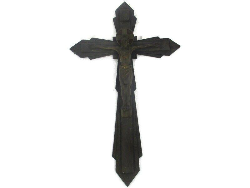 Vintage Ornate Brass Red Enamel Wall Hanging Crucifix French Large 16.53"