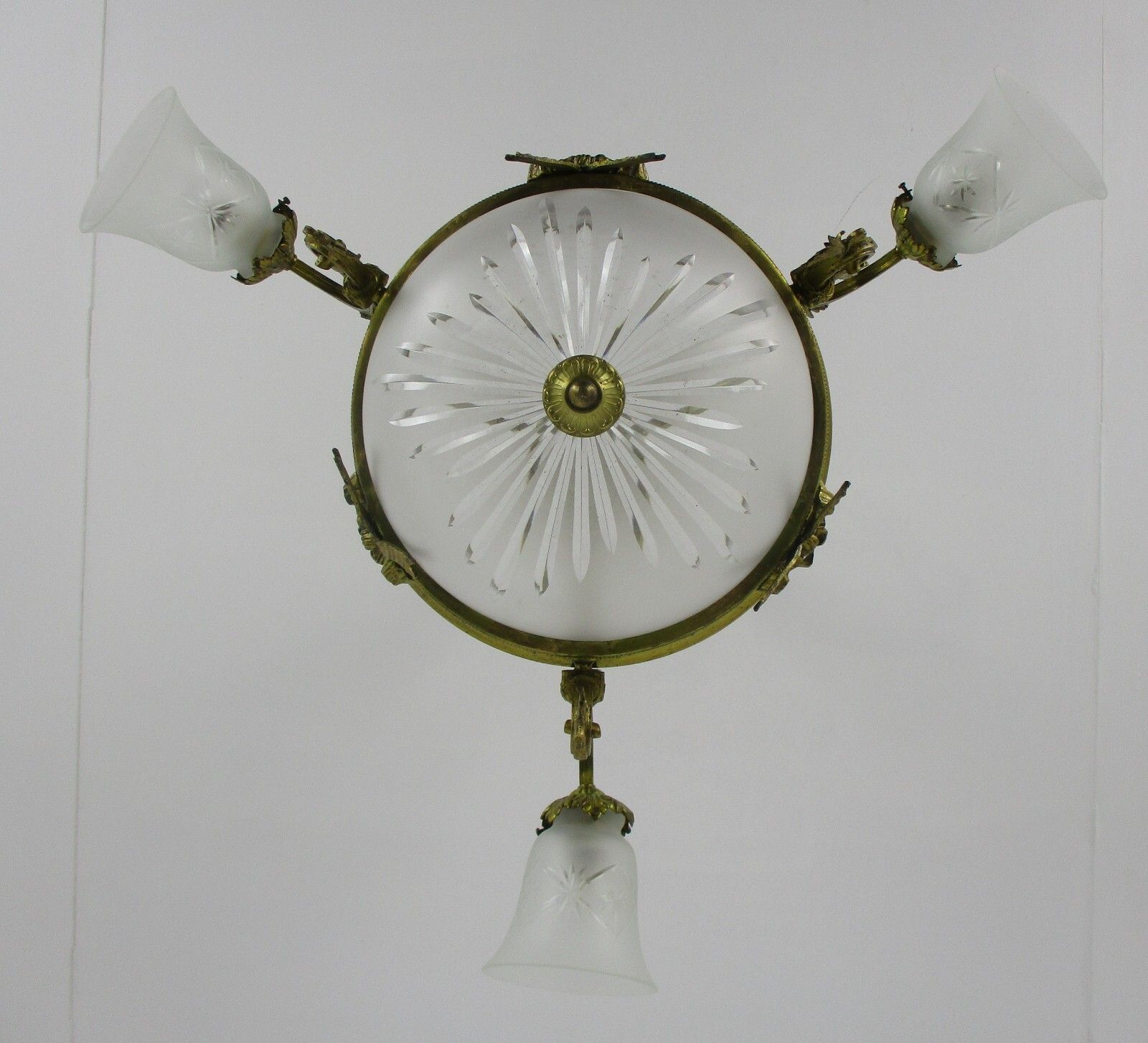 Art Nouveau Chandelier French Bronze Doré Etched Glass Ornate Gorgeous 4 Lights photo vintage
