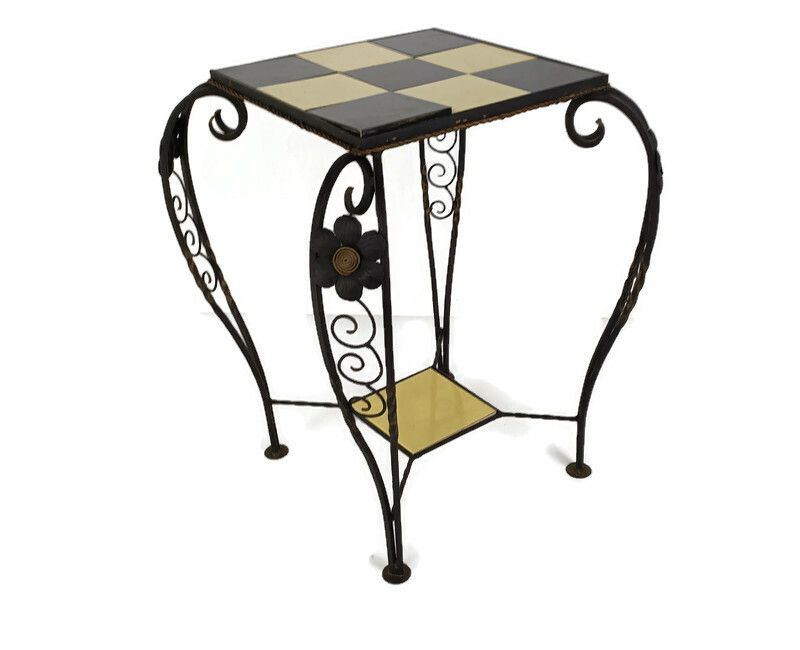 Vintage Side Coffee Occasional Table Gorgeous Modernist Wrought Iron Flowers Bla