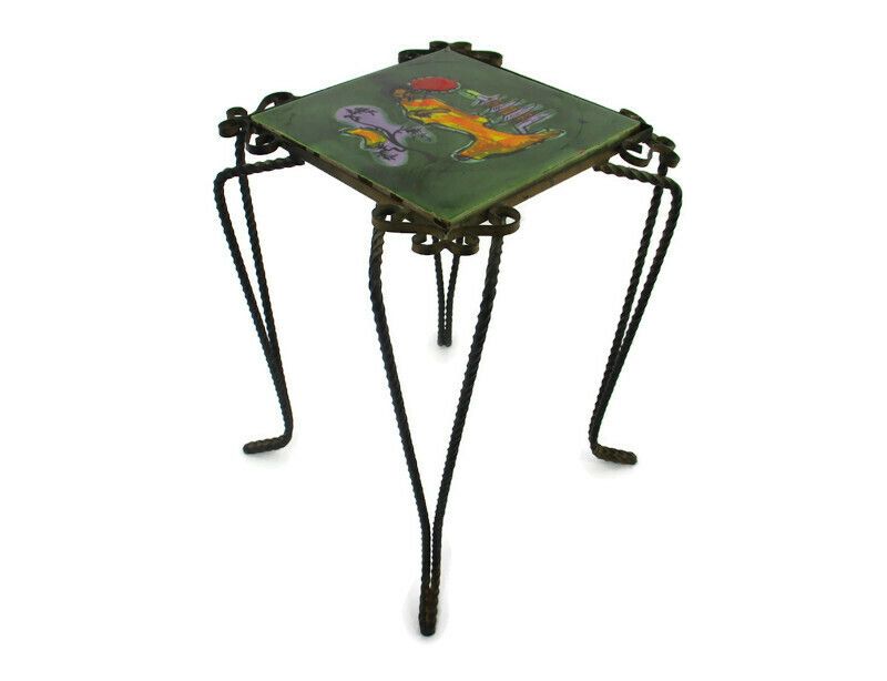 Vintage Side Table Plant Stand Ceramic Tiles Geisha Italy  Wrought Iron Funky