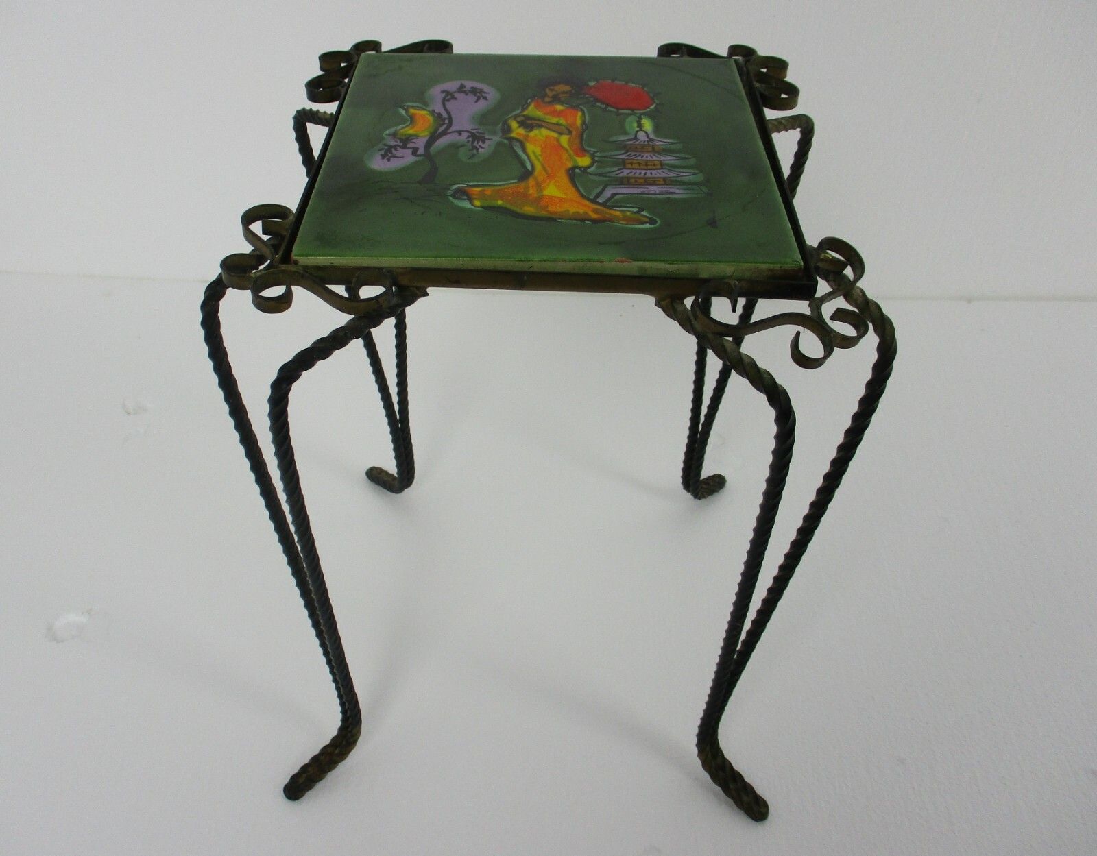 Vintage Side Table Plant Stand Ceramic Tiles Geisha Italy  Wrought Iron Funky photo furniture