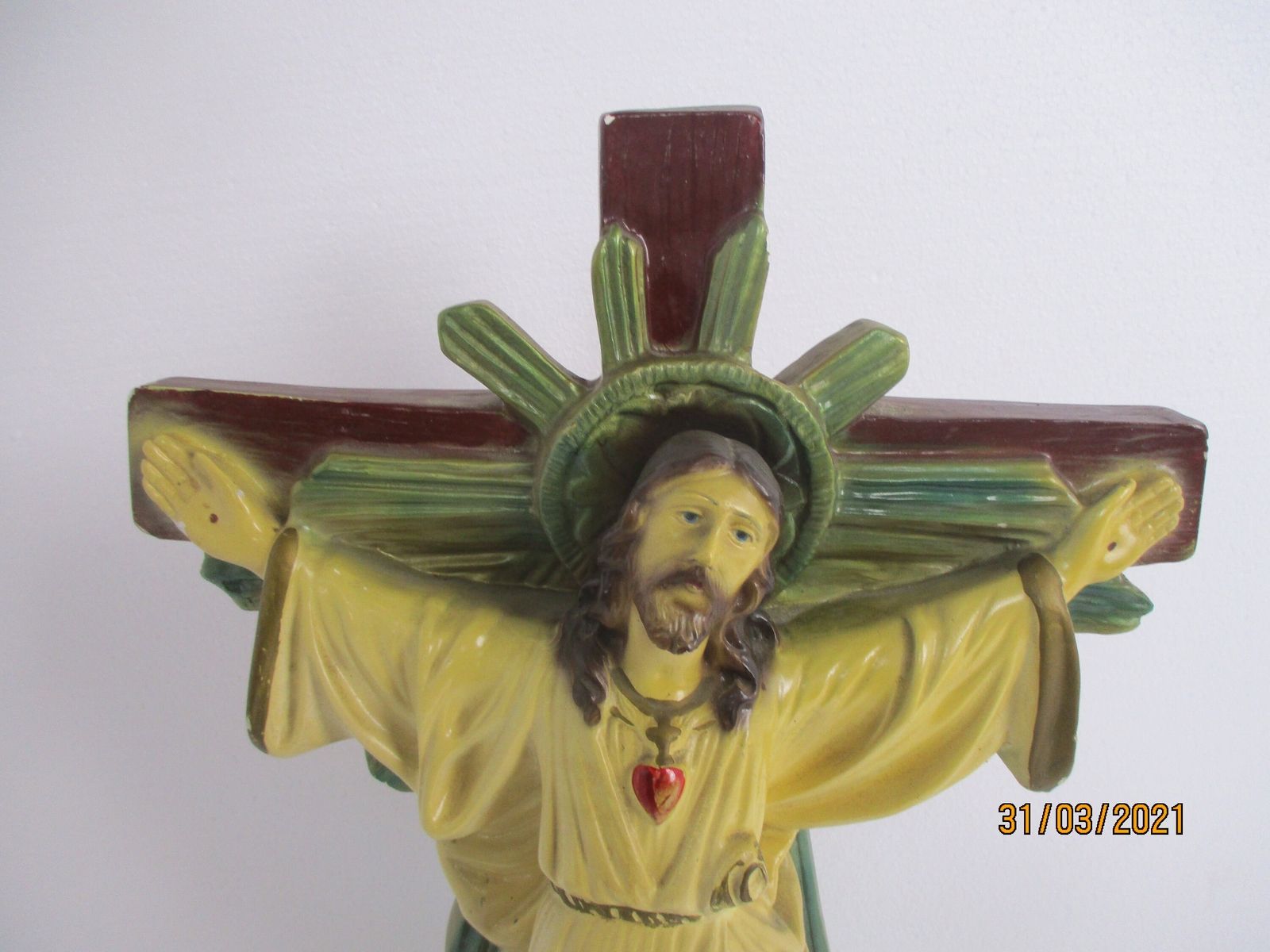 Statue Jesus Christ Savior Sacred Heart Plaster Polychrome Jesus Hanging On The photo for sale
