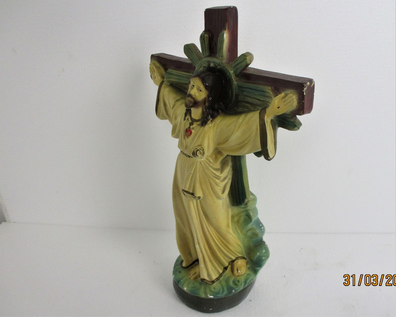 Statue Jesus Christ Savior Sacred Heart Plaster Polychrome Jesus Hanging On The photo vintage
