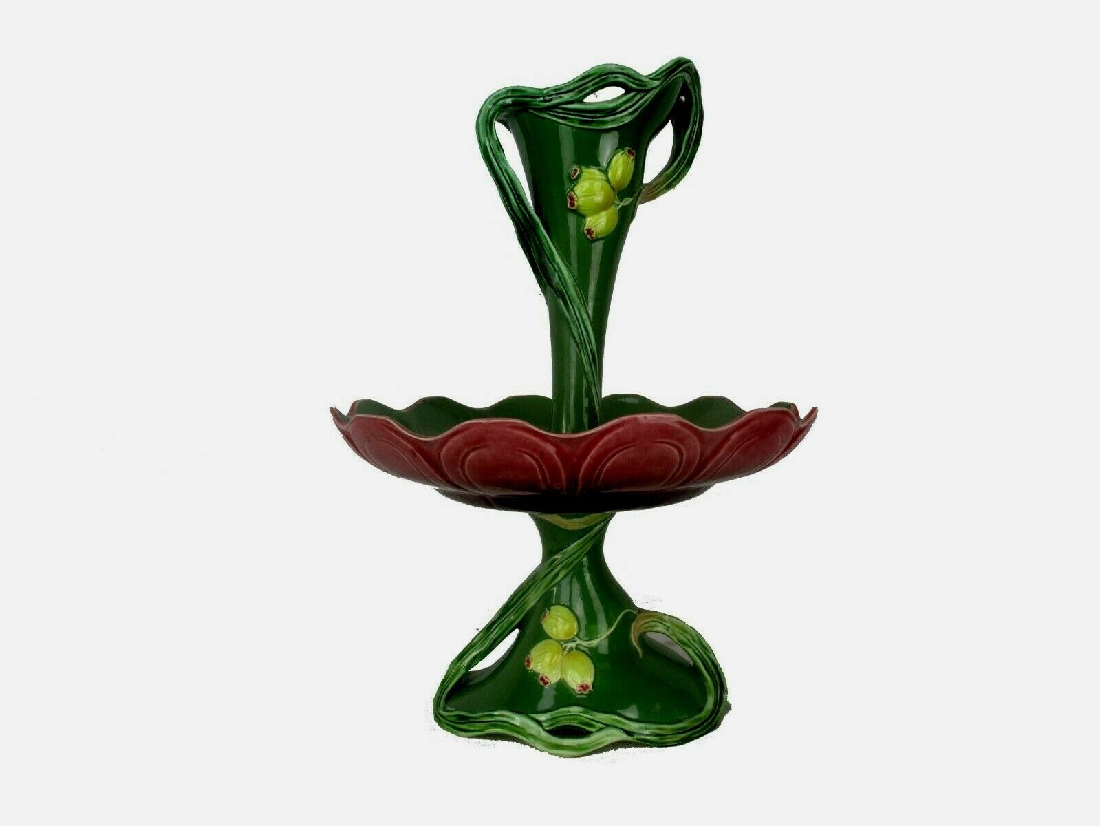 Majolica Large Epergne Trumpet Double Vase  Center Table Piece Mistletoe Rare