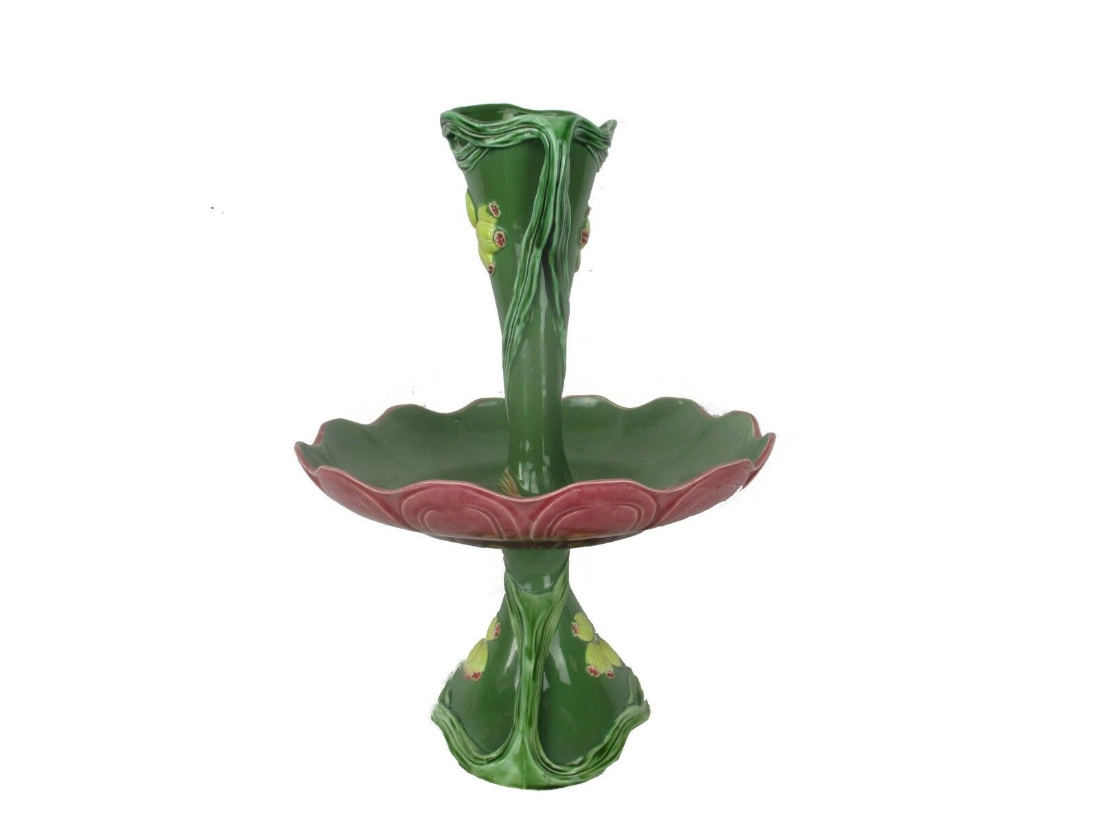 Majolica Large Epergne Trumpet Double Vase  Center Table Piece Mistletoe Rare photo vinterior