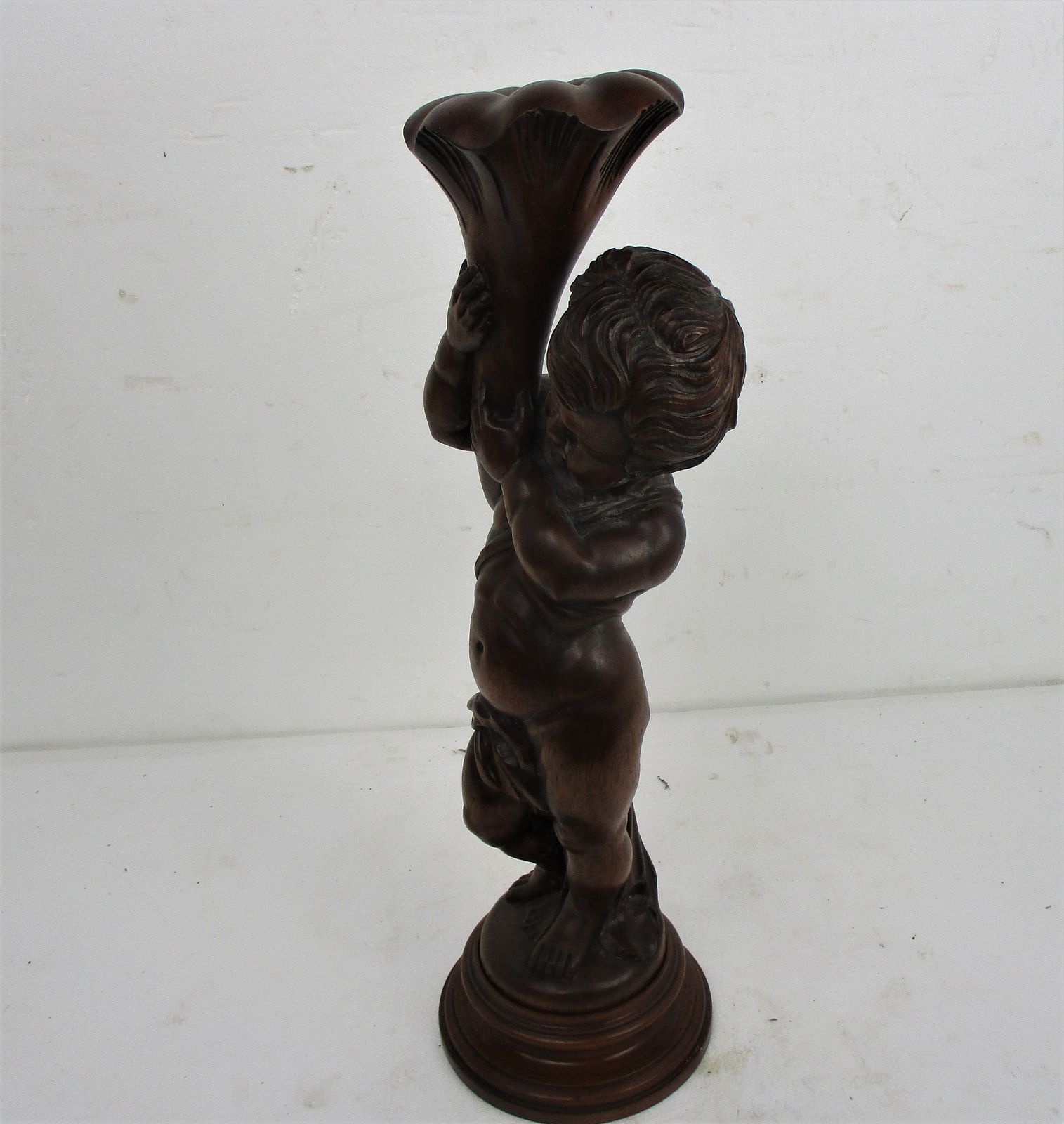 L Hand Carved Wood Statue Little Boy Cherub Putti Signed De Hondt Willy Piece Of photo vinterior
