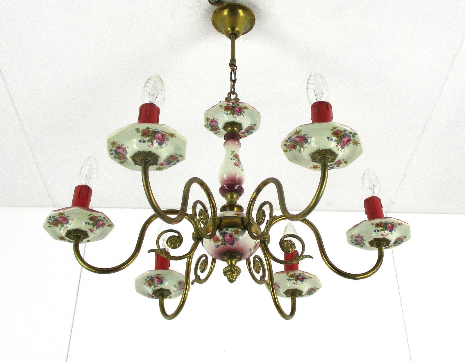 Chandelier 6 Arms Lights Ceramic Porcelain Ceramic Brass Italian Pink  Flowers photo Lighting