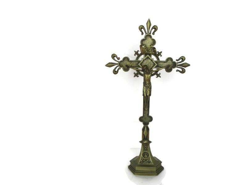 Xl French  Standing Altar Church Chapel Crucifix Cross Ornate Brass Fleur De Lis