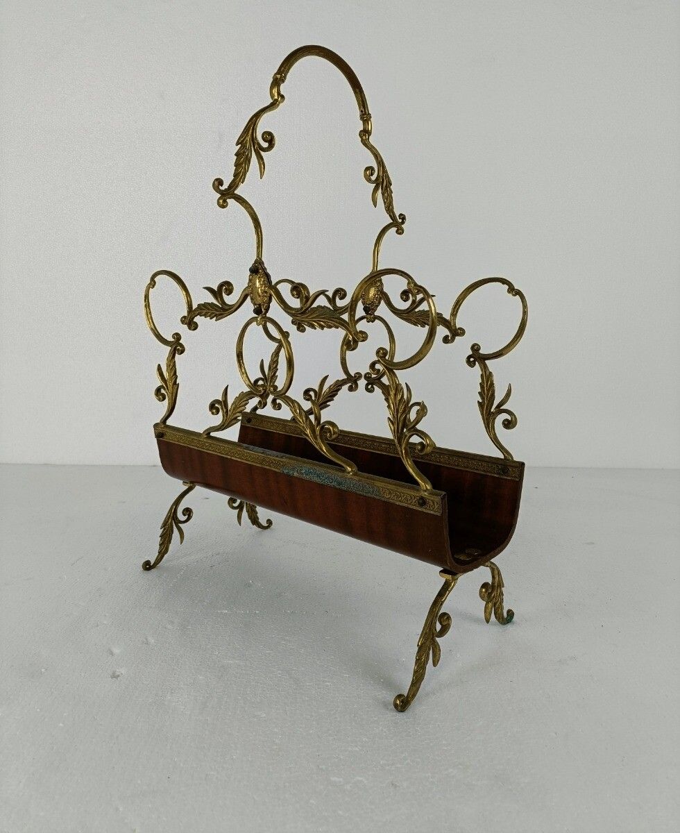 Vintage Mid Century Modern Magazine Newspaper Basket Ornate Brass Wood Hollywood photo for sale