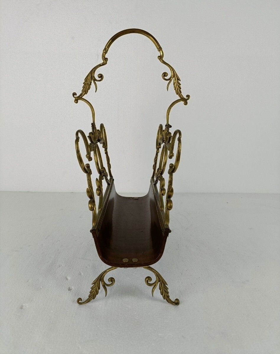 Vintage Mid Century Modern Magazine Newspaper Basket Ornate Brass Wood Hollywood photo 223.0