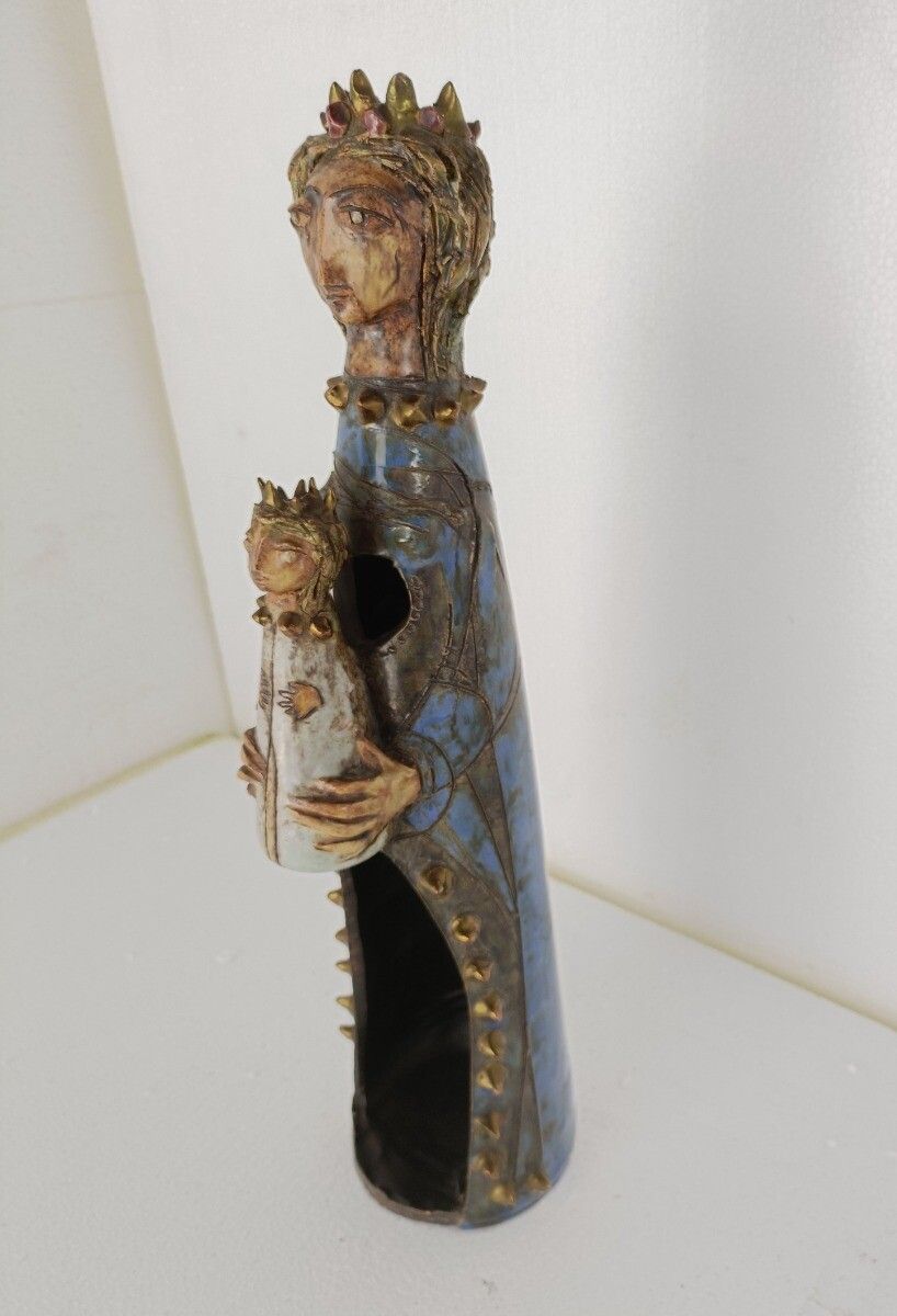 Vintage Statue Sculpture Terra Cotta Pottery Glazed Polychrome Virgin Mary Madon photo for sale