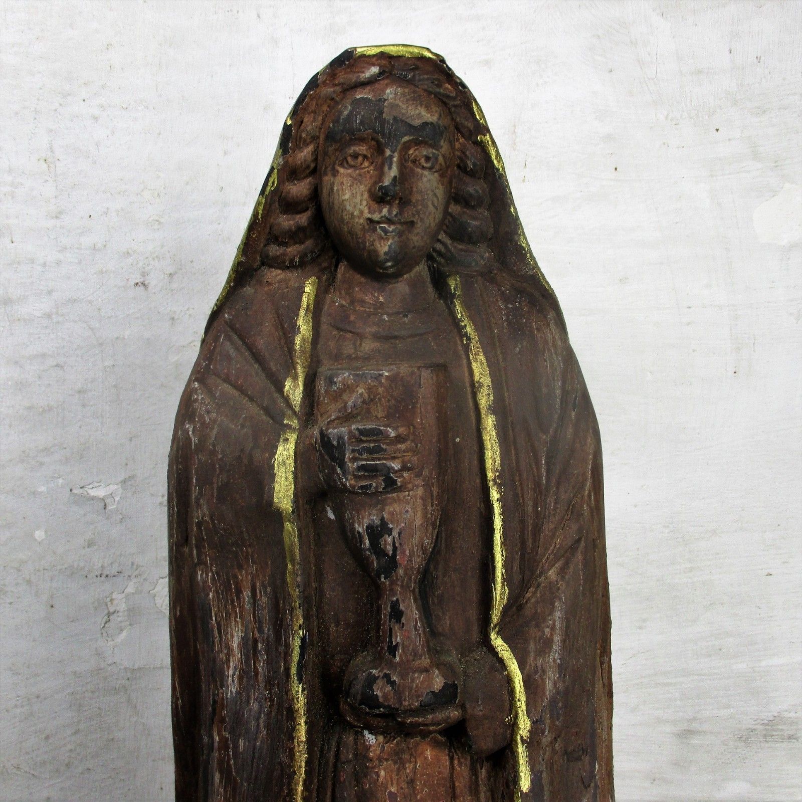 Large Hand Carved Wooden Statue  Nun Saint Holding Chalice Gold Touches Folk Art photo furniture