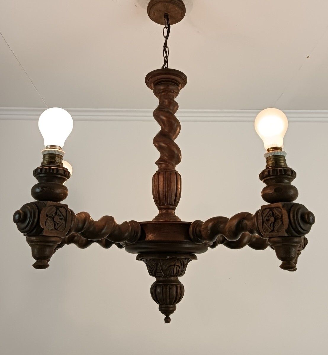 Barley Twist Wood Chandelier Hand Carved Wood Ornate 5 Lights Barn Country Farmh photo vinterior