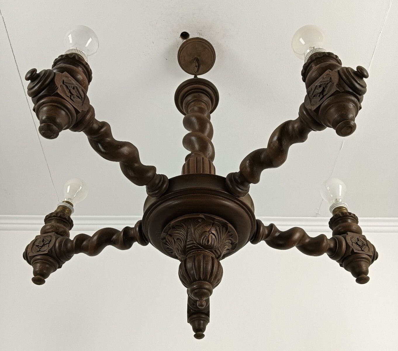 photo for sale Barley Twist Wood Chandelier Hand Carved Wood Ornate 5 Lights Barn Country Farmh