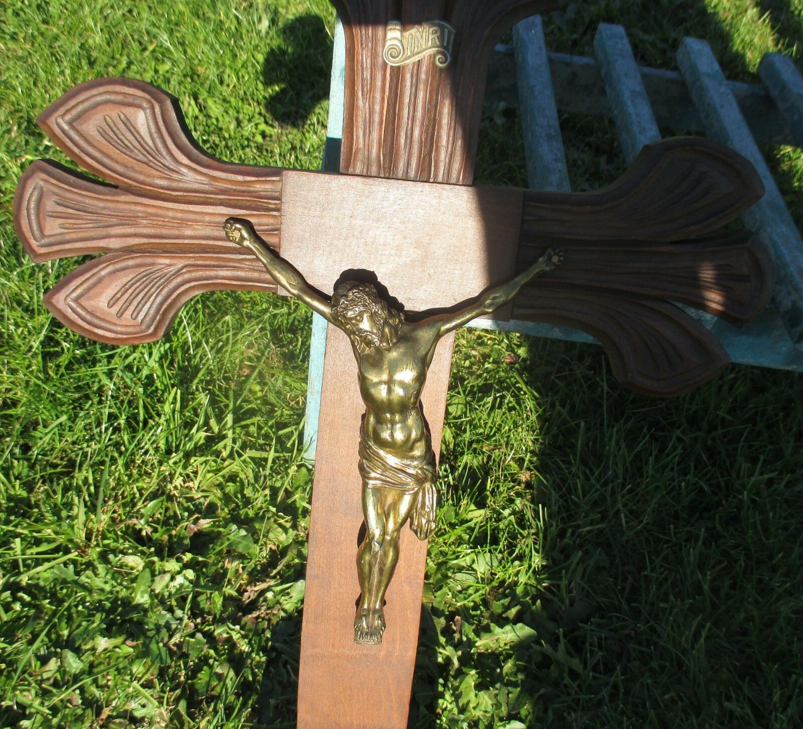 French Large Hand Carved Wood Hanging Crucifix  Jesus Christ Fleur De Lis 24 " photo Art