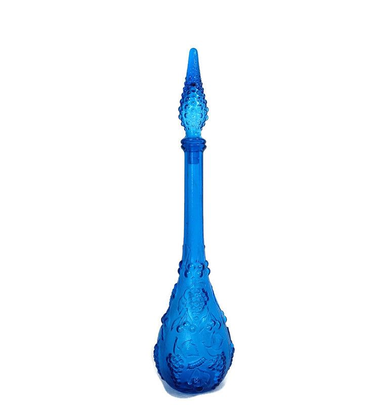 Art Bubbled Glass  Blue  Empoli  Bottle Italian Grapes Rare Color Collector Pop