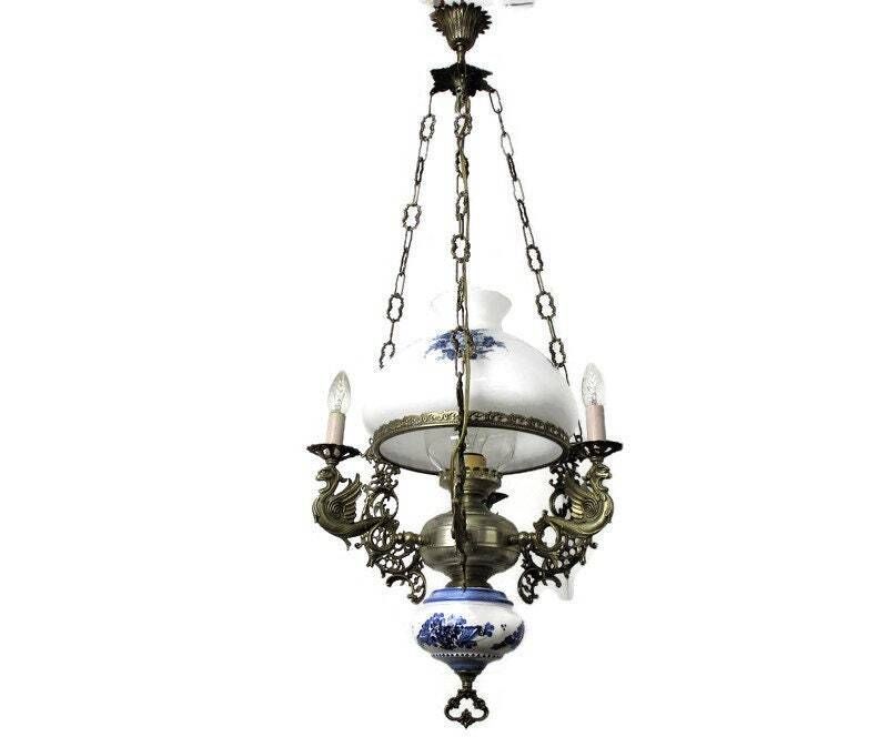 Gothic Dragons Delft Blue White Porcelain Chandelier Lampe Belge Wow 4