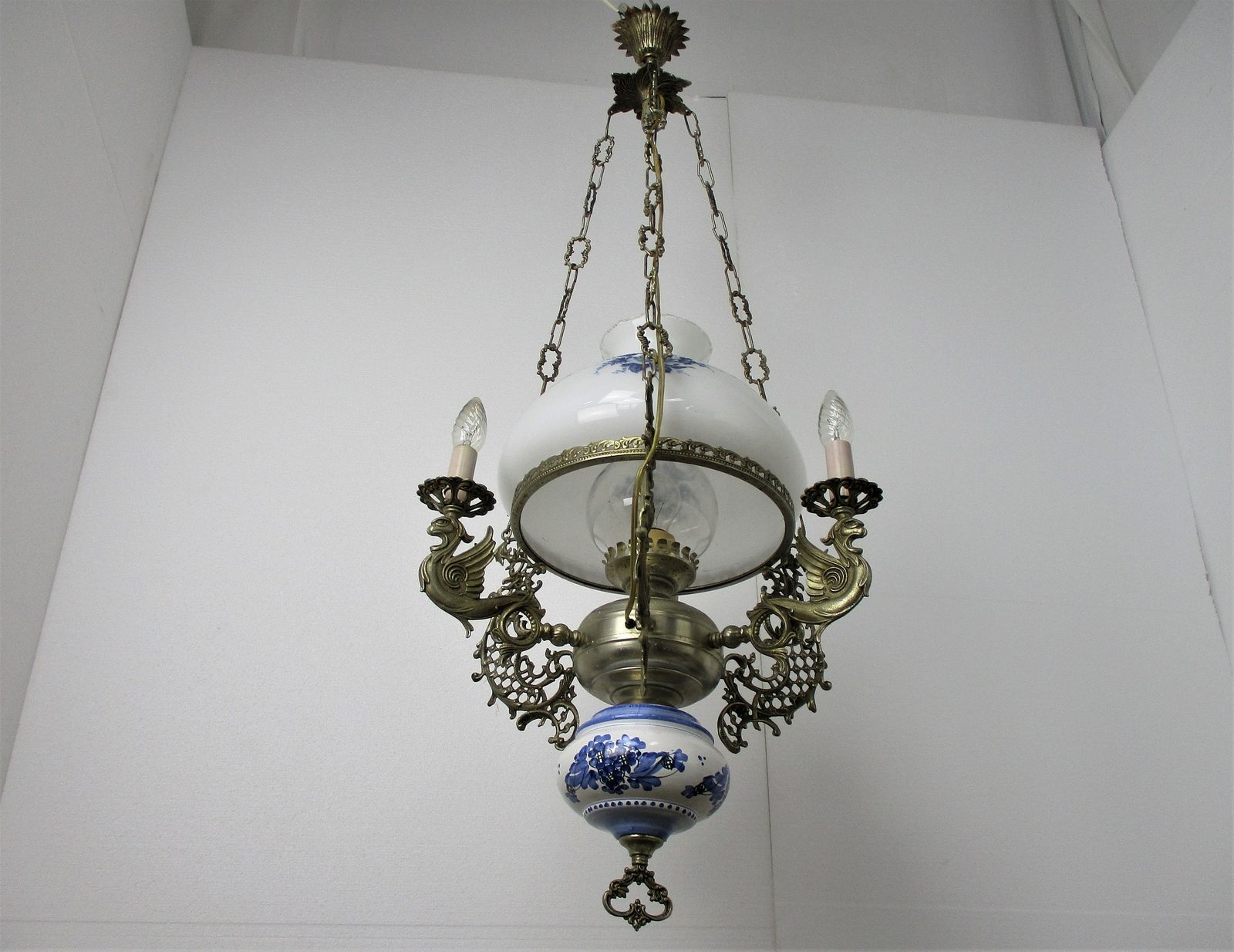 Gothic Dragons Delft Blue White Porcelain Chandelier Lampe Belge Wow 4 photo 607.0