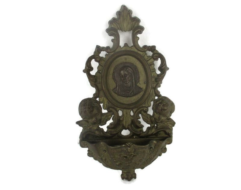 Brass Embossed Holy Water Font Holy Mother Virgin Mary Madonna  Angels Wall Hang