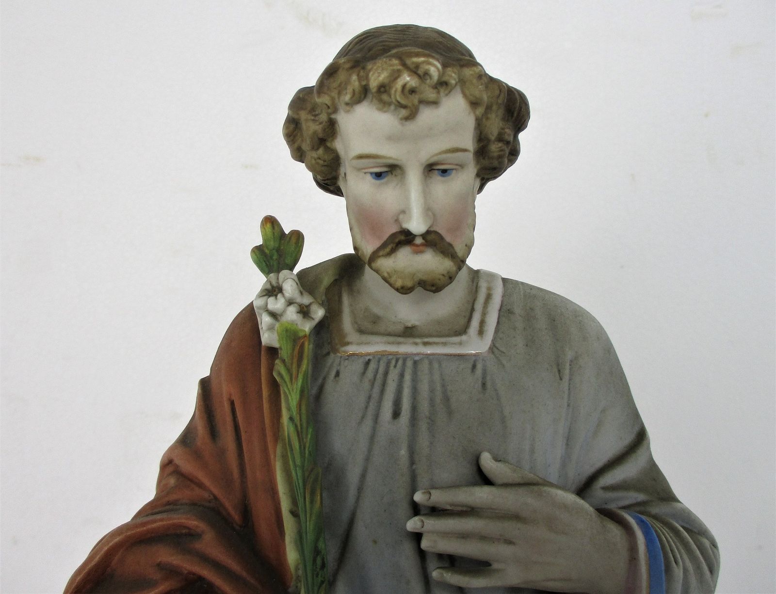 Antique Porcelain Bisque Statue Saint Joseph Angel Lilies Protector Of Homes Pol photo for sale
