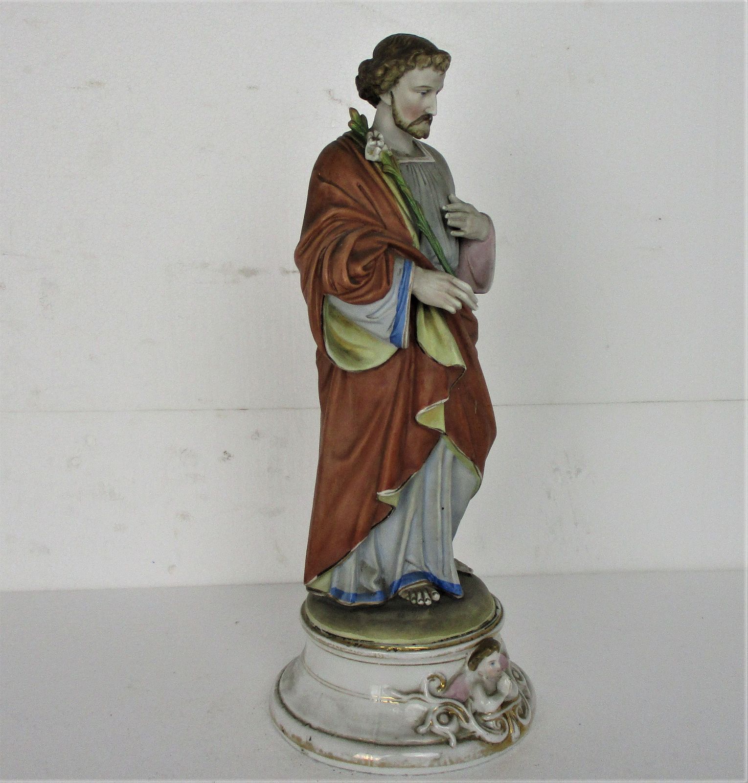 Antique Porcelain Bisque Statue Saint Joseph Angel Lilies Protector Of Homes Pol photo 223.0
