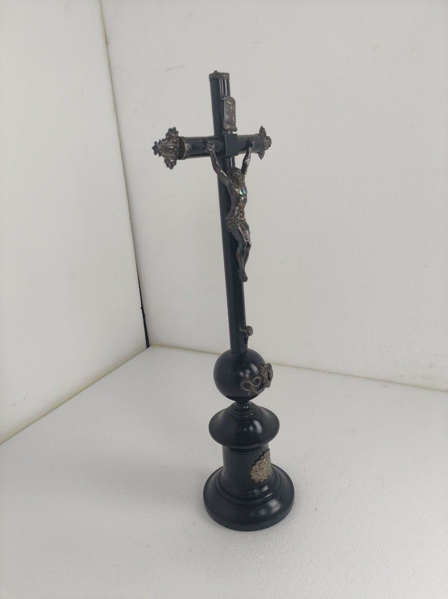 Standing Crucifix Cross Jesus Christ Lamb Of God Wood Silver Plated Antique Gorg photo vintage