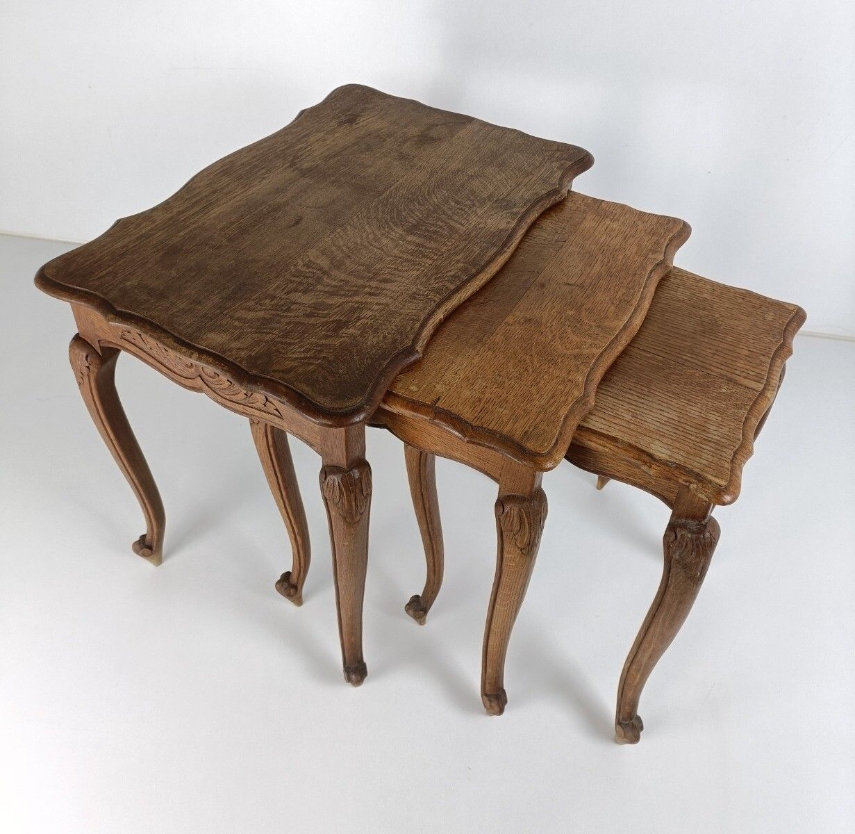 Set Of 3 Wood Stacking Nesting Tables Louis XV Style  Mid Century Modernist Orna photo for sale