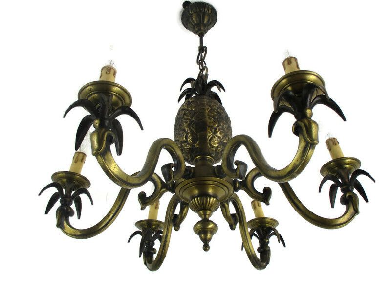 Bronze Ornate Chandelier Hollywood Regency  6 Lights Arms Pine Apple