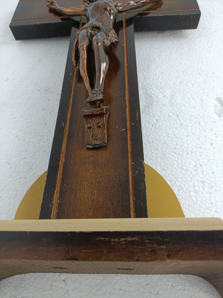 photo for sale Art Deco Standing Crucifix Two Toned Wood Cross Jesus Christ Antique Beautiful