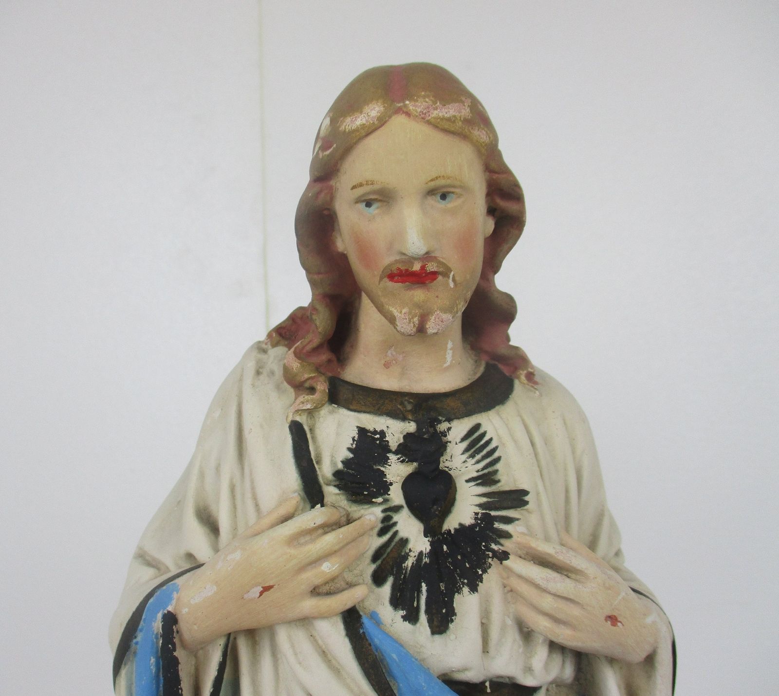 Pair Antique Statues  Jesus Christ Savior Sacred Heart Virgin Mary Madonna photo furniture