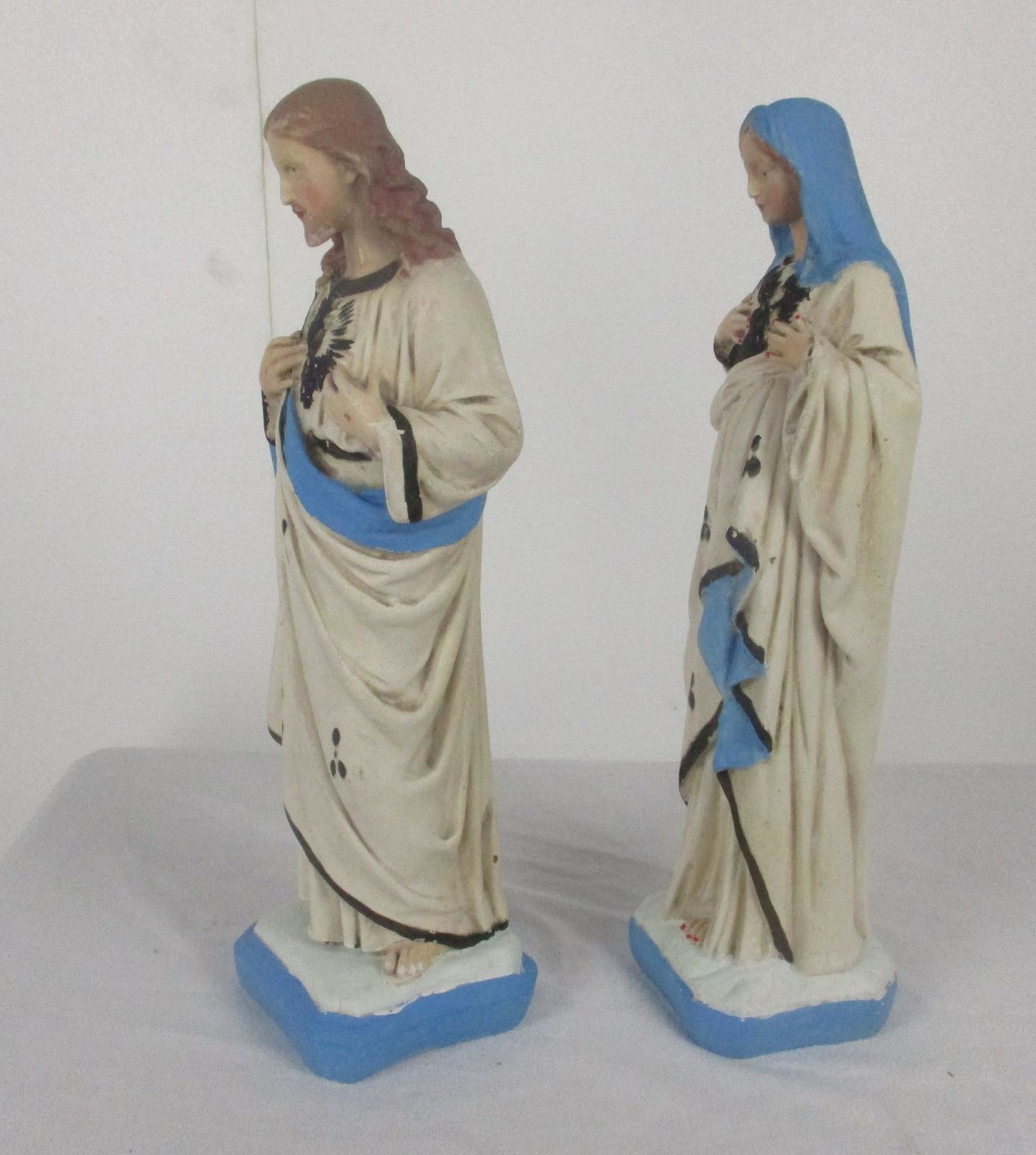 Pair Antique Statues  Jesus Christ Savior Sacred Heart Virgin Mary Madonna photo 162.0